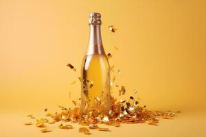 AI generated a bottle of champagne with gold confetti on a yellow background photo