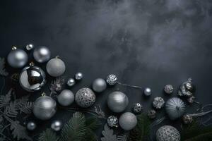 AI generated christmas background with silver balls and fir branches photo