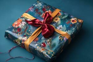 AI generated a gift wrapped in blue and red with a red ribbon photo