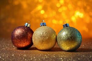 AI generated three christmas balls on a shiny background photo