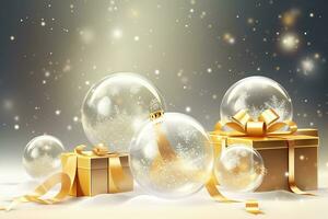 AI generated golden christmas background with christmas balls and gifts photo