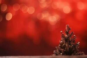 ai generado un pequeño Navidad árbol es sentado en un mesa en frente de un rojo antecedentes foto