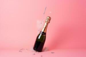 AI generated champagne bottle with sparkler on pink background photo