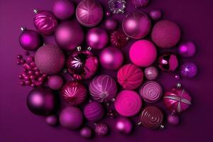 AI generated a bunch of pink christmas balls on a purple background photo