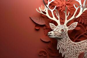 AI generated paper cut deer with leaves and flowers on red background photo