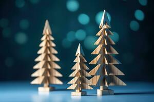 AI generated three wooden christmas trees on a blue background photo