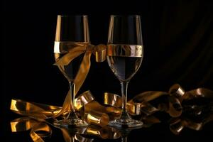 AI generated two champagne glasses with gold ribbons on a black background photo