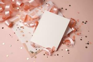 AI generated blank card with pink ribbon and confetti on a pink background photo