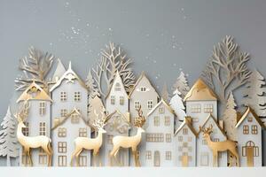 AI generated paper cut christmas village with deer and trees photo