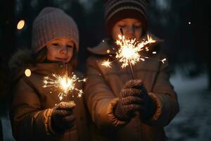 AI generated two children holding sparklers in the snow photo