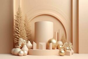 AI generated christmas decoration with gold balls and pine trees photo