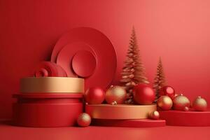 AI generated 3d rendering of christmas decorations on red background photo