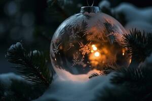 AI generated a christmas ball with a candle inside is shown in the snow photo