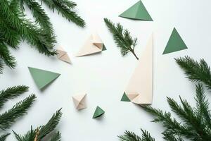 AI generated paper triangles and green branches on a white background photo