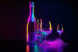 AI generated a bottle of champagne and two glasses on a table photo