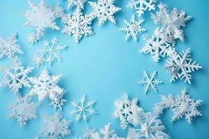 AI generated white snowflakes on blue background photo