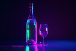 AI generated a bottle of champagne and a glass of wine on a dark background photo