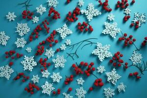 AI generated christmas background with snowflakes and red berries photo