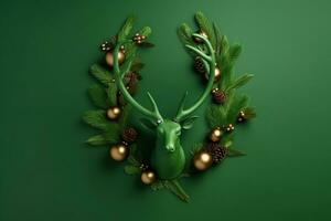 AI generated christmas wreath with deer head and christmas decorations on green background photo