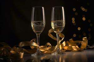 AI generated two champagne flutes with gold ribbons on a black background photo