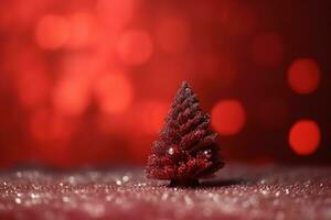 ai generado un pequeño Navidad árbol es sentado en un rojo antecedentes foto