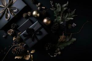 AI generated black christmas presents on a black background photo