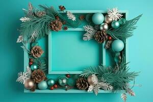 AI generated christmas wreath frame on turquoise background 3d render photo