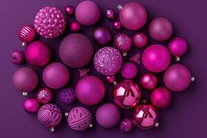 AI generated a large collection of pink christmas balls on a purple background photo