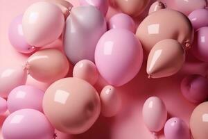 ai generado muchos rosado y ligero rosado globos en un rosado antecedentes foto