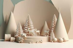 AI generated 3d rendering of a christmas scene with trees and deer photo