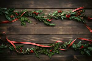 AI generated christmas wreath on wooden background photo