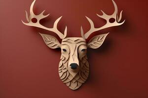 AI generated a paper cut deer head on a red background photo