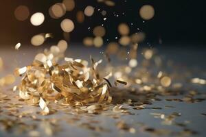 AI generated gold confetti falling on a table photo