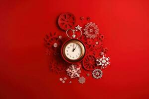 AI generated a clock on a red background with snowflakes photo