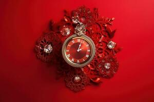 AI generated a clock on a red background with flowers and jewels photo