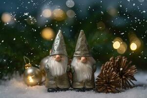 AI generated two gnomes standing in the snow with christmas decorations photo