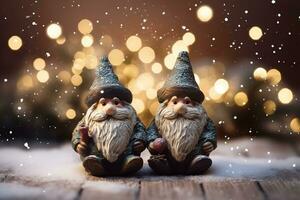 ai generado dos gnomos sentado en un de madera mesa con luces foto