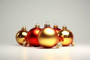 AI generated a group of red and gold christmas balls on a white background photo