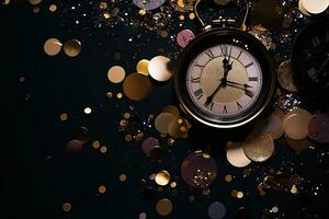 AI generated a clock and gold confetti on a black background photo