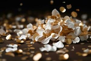 AI generated a pile of white and gold confetti on a dark background photo