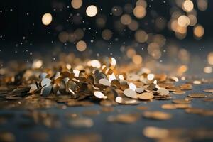AI generated gold coins scattered on a table with bokeh effect photo