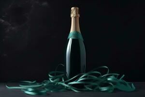 AI generated a bottle of champagne with green ribbon around it photo