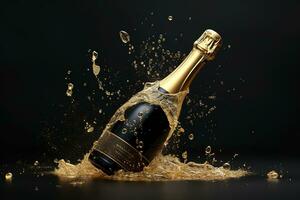 AI generated champagne bottle with splash on black background photo