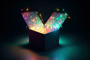 AI generated open box with colorful lights on a black background photo