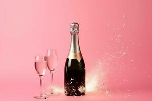 AI generated champagne bottle and two glasses on pink background photo