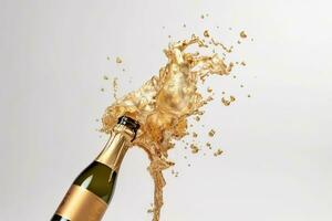 AI generated champagne bottle with splash of champagne on white background photo
