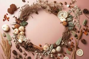 AI generated a wreath of dried herbs and spices on a pink background photo