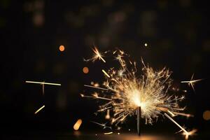 AI generated sparkler on black background with bokeh effect photo