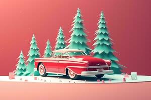 AI generated a red car is driving through the forest photo