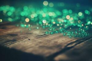 AI generated green glitter on wooden table with bokeh effect photo